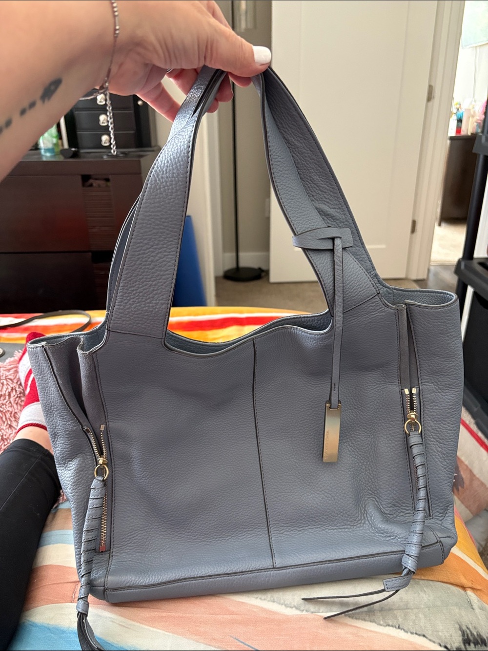 Vince Camuto Slate Blue Pebbled Leather Tote